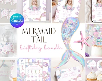 Mermaid Tail Birthday Party Bundle. Pastel Pink Purple Under the Sea Decorations Package Printable Editable Digital Invite Party Supplies Z8