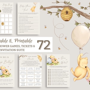 Vintage Winnie the Pooh Baby Shower Games Bundle, Editable Printable Card, Digital Classic Gender Neutral Fun Activities for Boys & Girls N1