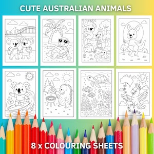May include: Eight black and white coloring pages featuring cute Australian animals. The animals include a koala, a turtle, a kangaroo, a kookaburra, a echidna, a platypus, and a cockatoo. The coloring pages are perfect for kids who love animals and Australia.