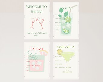 Cocktailprints set van 4 | Barwagen afdrukbare kunst | Cocktailposters | Digitale download | Cocktailafdrukken