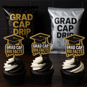 Grad Cap Drip Cupcake Toppers – Class of 2025 | Set of 12 | Graduation Party Picks | Black & Gold Theme