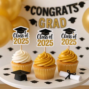 Afstuderen Cupcake Toppers – Class of 2025 | Set van 12 | Feestprikkers met print | Afstudeerfeestdecoratie