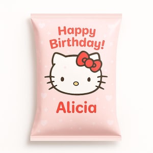 May include: A pink gift bag with a Hello Kitty design, a red bow, and the text "Happy Birthday!" in red. The name "Alicia" is printed below the character in red.