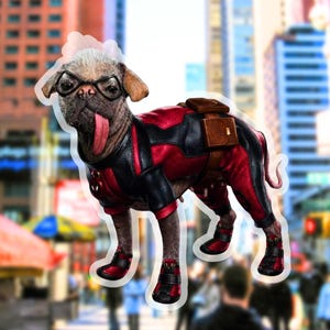 Sticker Dogpool fait main | Vinyle résistant | Sticker pour ordinateur portable | Bouteille d'eau | Sticker chien drôle | Art super-héros | Inspiré de Marvel |