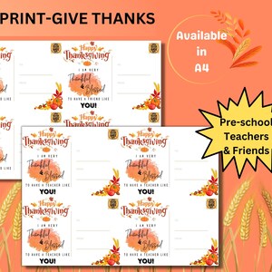 Carte de Thanksgiving pour les amis et les enseignants d'âge préscolaire | Carte de gratitude imprimable | Joyeux professeur de Thanksgiving | TÉLÉCHARGEMENT NUMÉRIQUE | IMPRIMABLE |