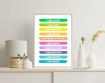 Póster de Afirmaciones para Niños: Citas Positivas Coloridas (Descarga Digital)
