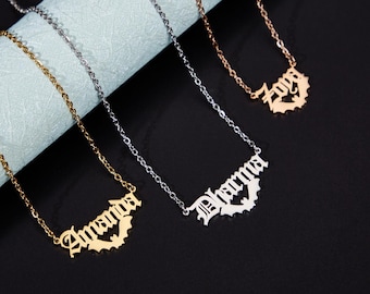 Personalized Bat Name Necklace,Custom Bat Pendant,Old English Letter Necklace,Bat Wings Name Necklace,Birthday Gifts,Halloween Gift