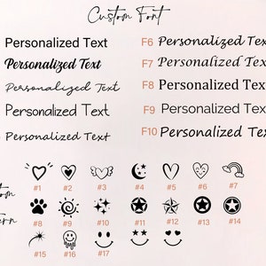May include: A white sheet of paper with black text that says "Custom Font" and lists 10 different font options labeled F1 through F10. Below the font options, there are 17 different black and white custom pattern options labeled #1 through #17.