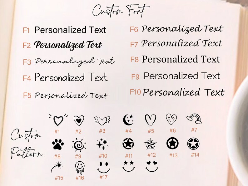 May include: A white sheet of paper with black text that says "Custom Font" and lists 10 different font options labeled F1 through F10. Below the font options, there are 17 different black and white custom pattern options labeled #1 through #17.