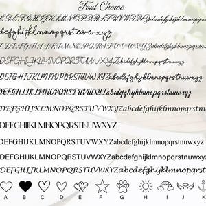 May include: Image showcasing a selection of fonts and pattern choices. Eleven different font styles are displayed, ranging from elegant scripts to simple block letters. Below the fonts, various pattern options, including hearts, stars, and infinity symbols, are presented.