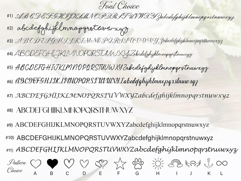 May include: Image showcasing a selection of fonts and pattern choices. Eleven different font styles are displayed, ranging from elegant scripts to simple block letters. Below the fonts, various pattern options, including hearts, stars, and infinity symbols, are presented.