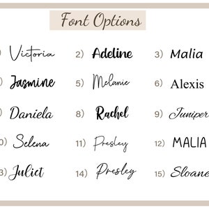 Op de afbeelding: Een grafiek met 15 verschillende lettertypen voor namen. De lettertypen zijn genummerd van 1 tot 15 en zijn allemaal in een cursief, handschrift.