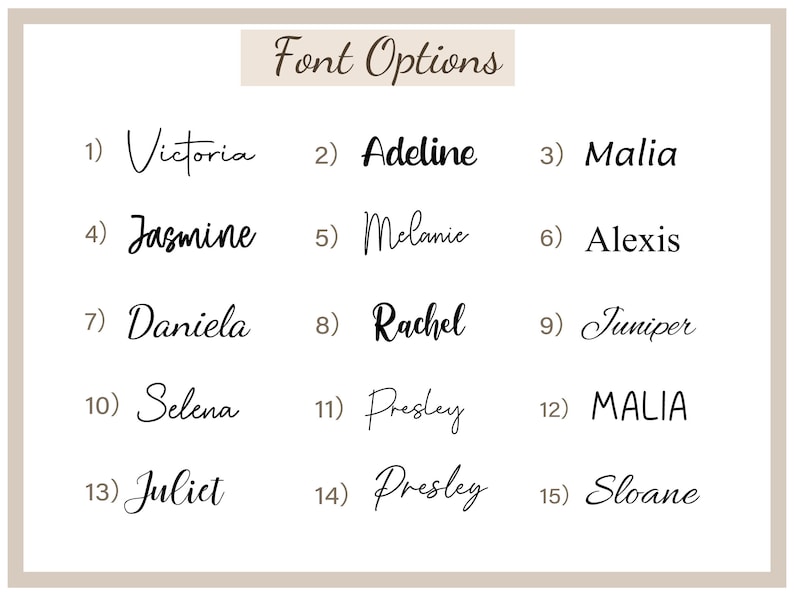 Op de afbeelding: Een grafiek met 15 verschillende lettertypen voor namen. De lettertypen zijn genummerd van 1 tot 15 en zijn allemaal in een cursief, handschrift.