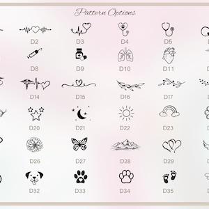 Op de afbeelding: Een grafiek met 36 verschillende patroonopties voor een gepersonaliseerde bedel. De patronen omvatten harten, bloemen, vlinders, sterren, dieren en medische symbolen. De grafiek is gelabeld met de letters D1 tot en met D36.