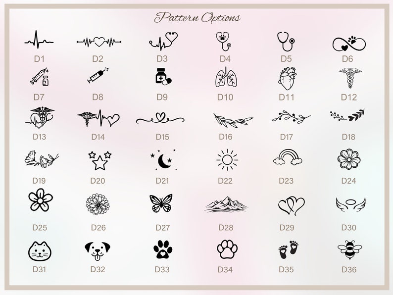 Op de afbeelding: Een grafiek met 36 verschillende patroonopties voor een gepersonaliseerde bedel. De patronen omvatten harten, bloemen, vlinders, sterren, dieren en medische symbolen. De grafiek is gelabeld met de letters D1 tot en met D36.