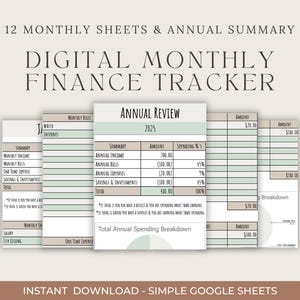 Digitale maandelijkse financiële tracker | Jaarlijks budgetspreadsheet met automatische berekeningen, cirkeldiagram en jaaroverzicht | Eenvoudig Google-spreadsheet