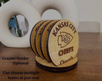 Kansas City Chiefs Coasters - Custom Laser-Cut Wood Coasters for Football Fans, Perfect Home Bar Accessory, Gift for Sports Lovers, Set of 4