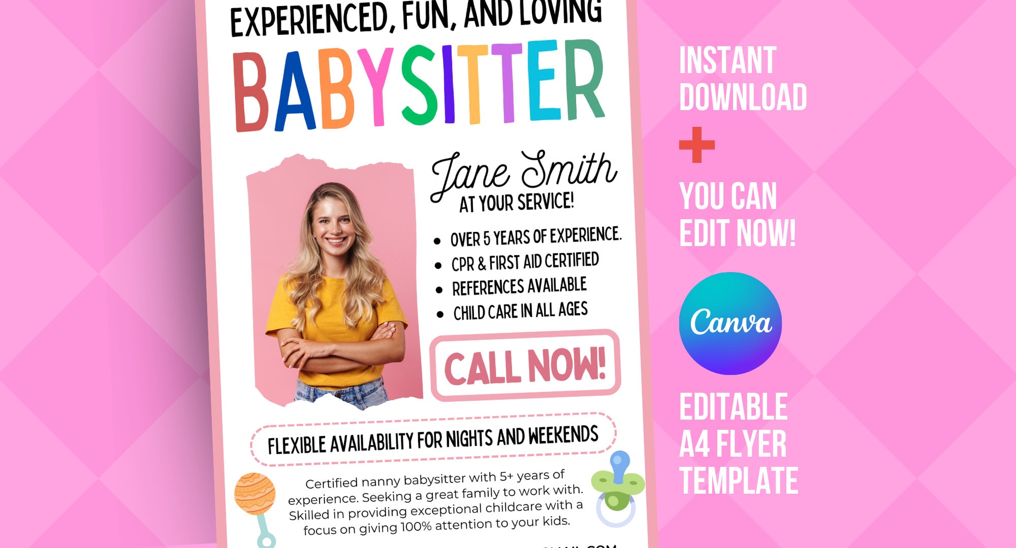 Editable Babysitter Flyer, Childcare Services Community Caretaker