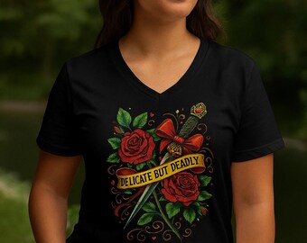 Edgy Floral Sword V-Neck Shirt: Dark Feminine Graphic Tee