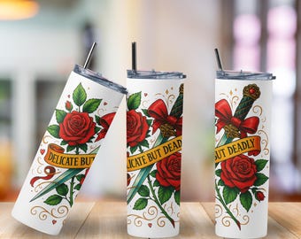Gothic Rose & Dagger Tumbler 20oz | Delicate But Deadly Cup with Straw, Bold Feminine Stainless Steel Drinkware Gift