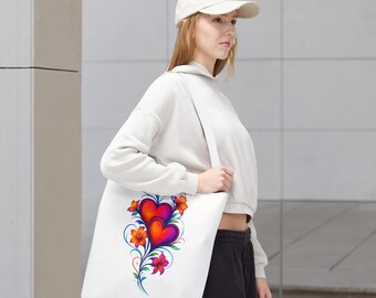 Floral Heart Tote Bag: Colorful Hibiscus Design, Durable Polyester