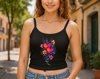 Floral Heart Crop Tank Top: Romantic Coquette Summer Shirt