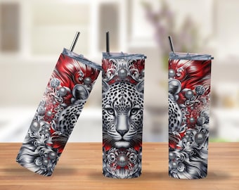 Leopard Queen Tumbler | 20oz Stainless Steel Tumbler with Straw – Red & Silver Jungle Glam