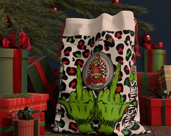 Grinch Vibes Christmas Gift Bag | Leopard Print Drawstring Sack