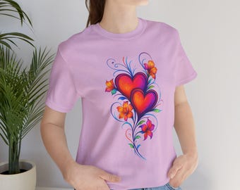 Floral Heart T-Shirt: Pink Unisex Tee with Hibiscus Design