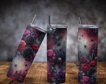 Gothic Halloween Tumbler: Skull & Rose 20oz Stainless Steel Cup
