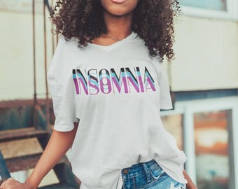 Trippy Twilight V-Neck T-Shirt | Vaporwave Insomnia Aesthetic Tee | Y2K Style Graphic Shirt for Women