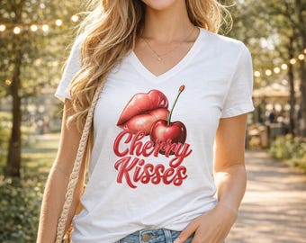 Cherry Kisses V-Neck Tee | Lip Art Cherry Graphic