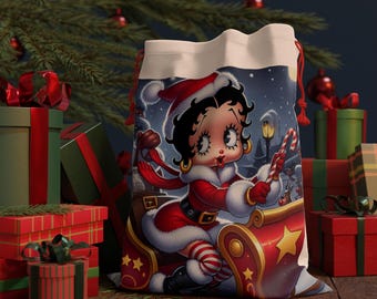 Santa Sleigh Betty Boop Gift Sack | Festive Christmas Drawstring Bag with Retro Holiday Vibes