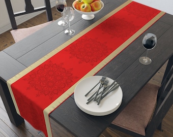 Red and Gold Holiday Table Runner: Elegant Christmas Dining Decor