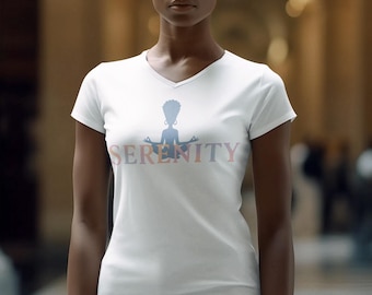 Serenity V-Neck T-Shirt | Meditating Afro Woman Tee | Peaceful Mindfulness Shirt for Women