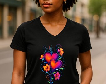 Vibrant Heart Floral V-Neck Cotton Tee - Artistic Romantic Gift