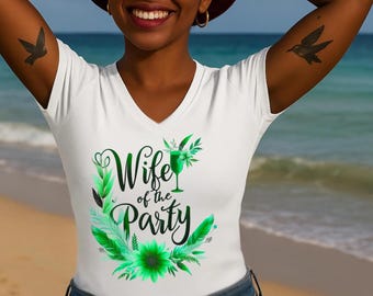 Wife of the Party V-Neck Tee: Tropical Bridal Shower Shirt