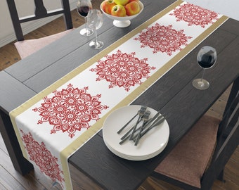 Crimson Mandala Table Runner: Boho Dining Accent, Red & Gold