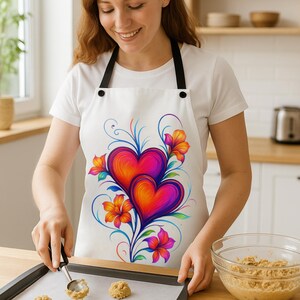 Floral Heart Apron | Artistic Colorful Hibiscus Kitchen Apron, Romantic Cooking Gift for Women, Chef or Baking Apron