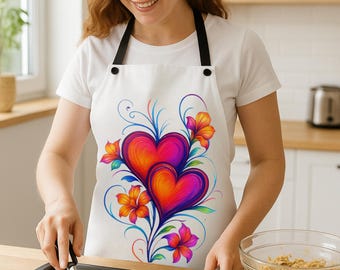 Floral Heart Kitchen Apron: Colorful Hibiscus Print, Romantic Gift