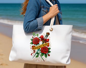 Delicate But Deadly Tote Bag | Floral Dagger Canvas Weekender, Large Edgy Travel Tote for Women, Gift Idea for Her