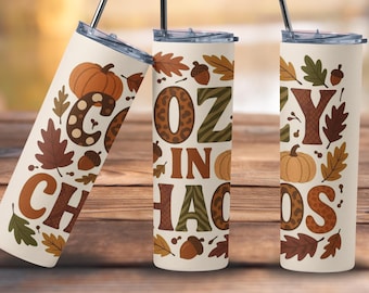 Autumn Pumpkin & Leaves Tumbler: 20oz Stainless Steel Cup with Straw