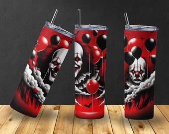 Killer Clown Horror Tumbler | 20oz Stainless Steel Halloween Cup | Scary Balloon Drinkware for Spooky Season