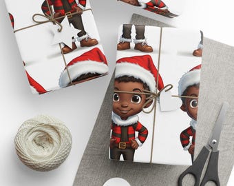 Melanin Kids Christmas Wrapping Paper: Santa's Helper, Matte or Satin