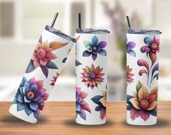 Floral Tumbler: Stainless Steel Travel Mug with Lid & Straw