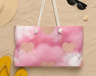 Pink Heart Weekender Tote Bag: Romantic Travel Bag, Valentine's Gift