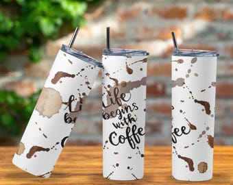 Coffee Mornings Tumbler | Life Begins with Coffee Cup | 20oz Stainless Steel Travel Mug