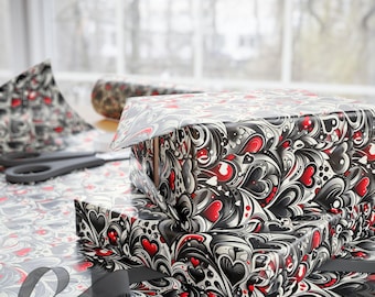 Eternal Love Swirls Wrapping Paper: Black, White & Red Hearts