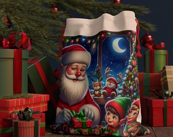 Santa’s Workshop Christmas Gift Bag | Festive Drawstring Sack for Holiday Gifts, Kids Presents & Decor
