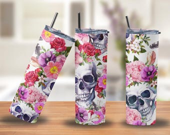 Floral Skull Tumbler: Gothic Stainless Steel Coffee Mug